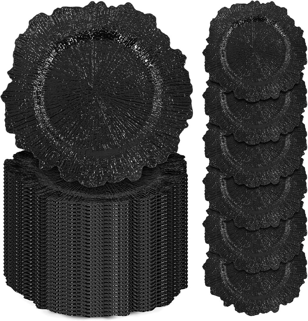 50 Pcs Black Charger Plates Bulk, 13" Reef Plate Chargers for Dinner Plates, Plastic Floral Decorative Plates for Table Setting, Round Table Chargers for Wedding, Christmas, Party, Event, Decoration