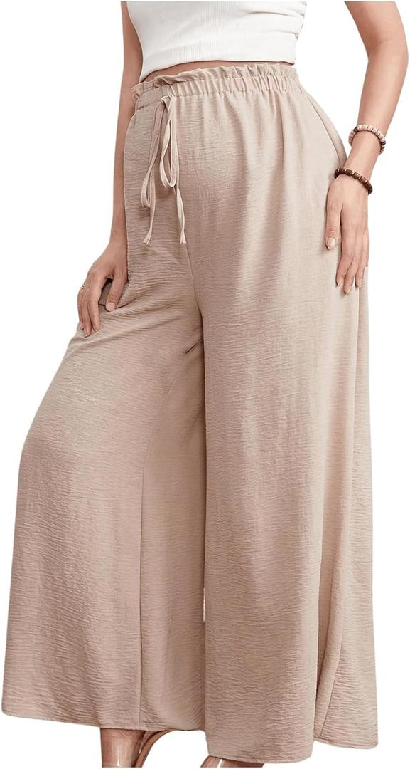 Women's Maternity Elastic High Waist Pants Knot Front Wide Leg Pregnancy Pants (Apricot)