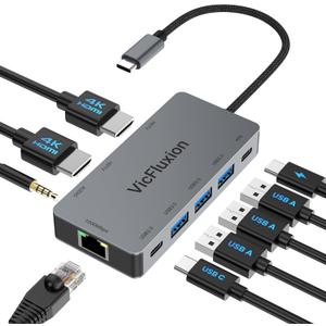 USB C Docking Station Dual Monitor, 9-in-1 USB Hub with 2 HDMI 4K@60HZ, 11000Mbps Ethernet, 3 USB 3.0, 1 Type C, 1 PD Charging, 13.5mm Audio, HDMI Adapter for Laptops/Computer/Tablets/Windows