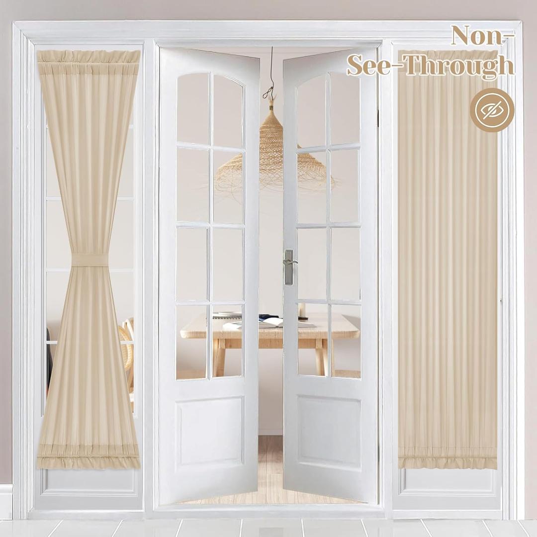 HOMEIDEAS Non-See-Through French Door Curtains Set of 2 for Front Door, Light Filtering Privacy Semi Sheer Window Curtains with Rod Pocket and Tie Back, Beige/Taupe, 26W X 72L Inch