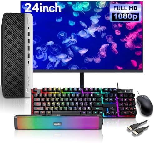 HP ProDesk 600 G4 SFF Desktop PC with New 24" FHD Monitor and RGB Speakers PC Set, Core i5-8500T, 32 GB RAM, 512 GB SSD, Keyboard & Mouse, Windows 10 Pro