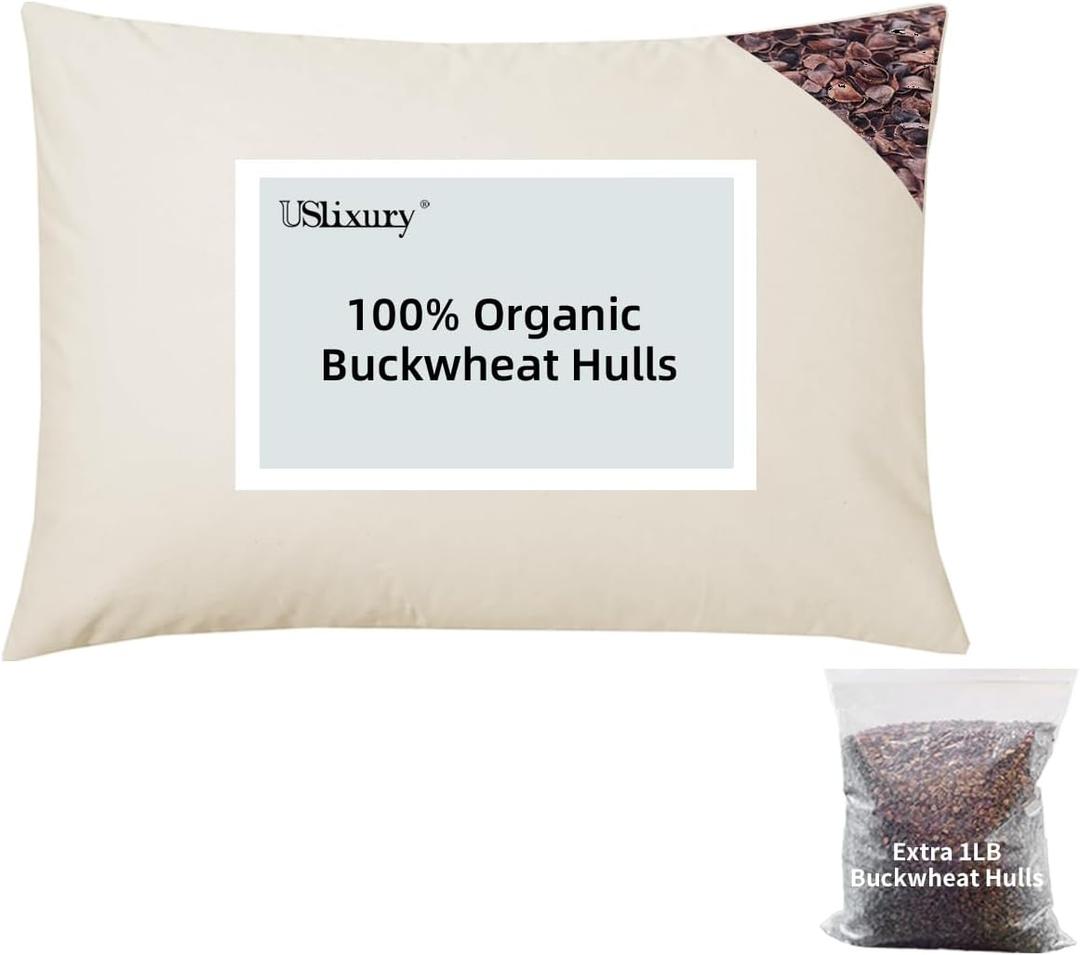 USlixury Buckwheat Pillow 15"X19" with Extra Buckwheat Husks - Adjustable Height and Firmness, Organic and Machine Washable Cover, Firm Neck Support for Back/Side/Stomach Sleepers, Beige