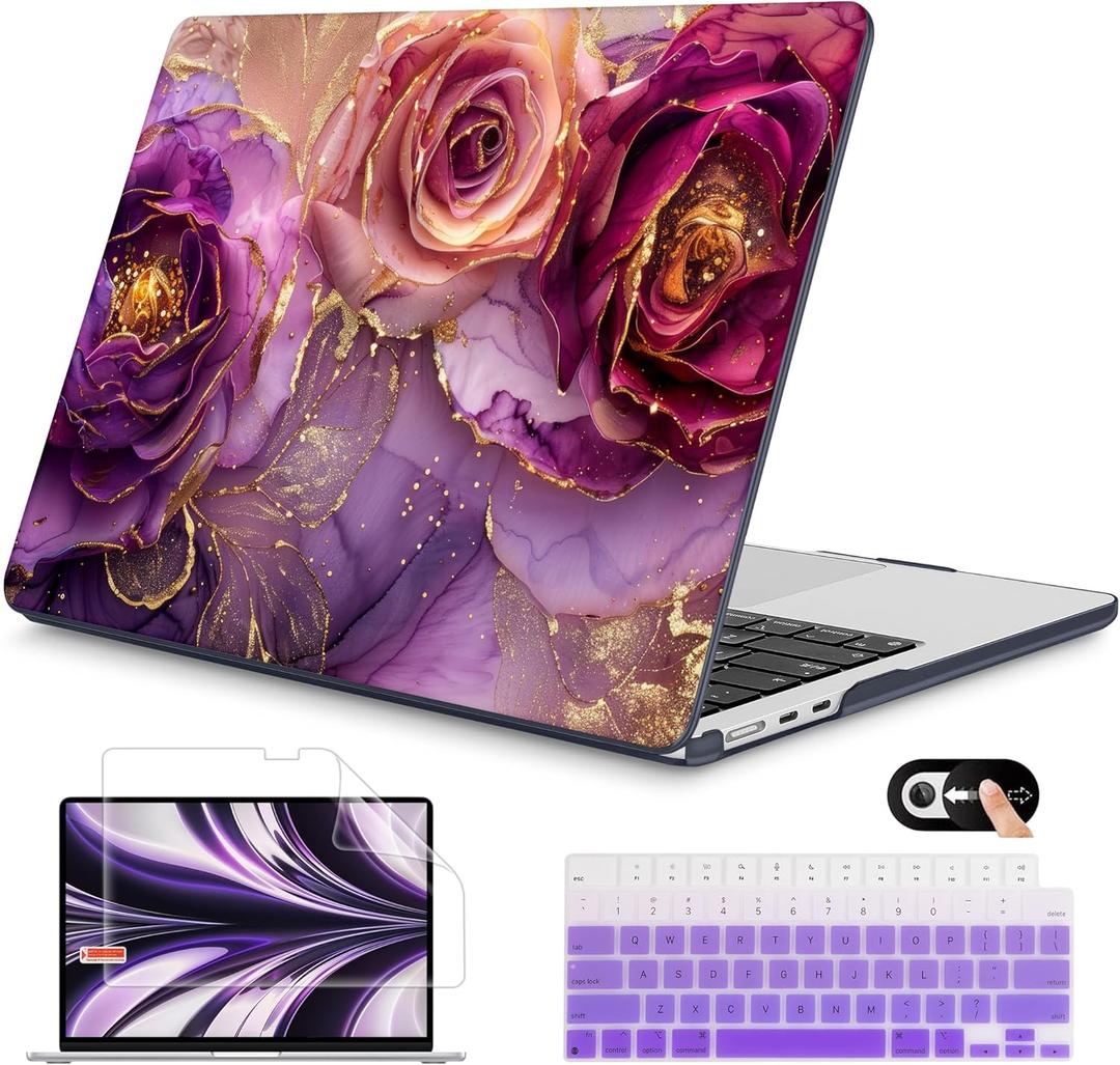 Mektron for 2025 M4 MacBook Air 13.6 Inch A3240 Case Fits 2023 A2681 M2 2024 A3113 M3 Chip with Liquid Retina Display Touch ID, Printed Plastic Hard Shell Cover for MacBook Air 13.6", Marble Flowers