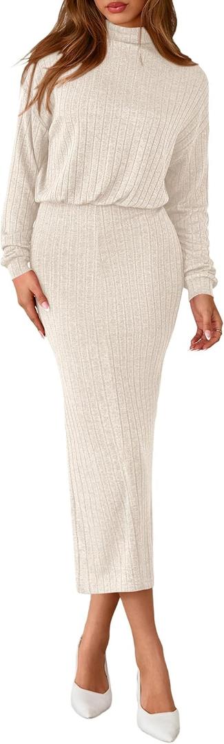PRETTYGARDEN Turtle Neck Dresses for Women 2026 Fall Knit Outfits Slit Elastic Waist Long Sleeve Bodycon Midi Sweater Dress (Large, Apricot)