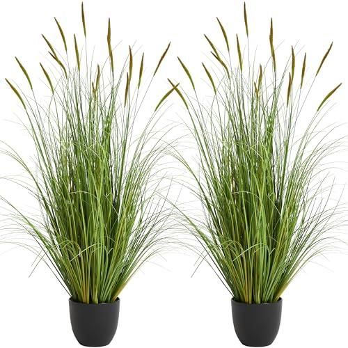 2-Pack Artificial Cattail Reed Grass, 35in Artificial Indoor Outdoor Fake Onion Grass Plant, Home Office Decorative Artificial Plants in Pot Faux Plant Greenery, Housewarming Gift, Green