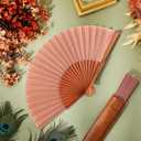 Blulu 2 Pieces Folding Handheld Silk Fan Pear Wood Vintage Spanish Fans with Leather Cover for Women Girls for Renaissance Fairs, Larp, Steampunk, Medieval, Viking, or Cosplay Costumes(Vintage Pink)