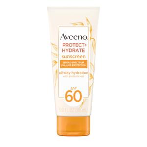 Aveeno Protect + Hydrate Moisturizing Body Sunscreen Lotion with Broad Spectrum SPF 60 & Prebiotic Oat, Weightless & Refreshing Feel, Paraben-Free, Oil-Free, Oxybenzone-Free, 3.0 fl. oz | Moisturizing, Body, Prebiotic Oat, Weightless, Refreshing Feel