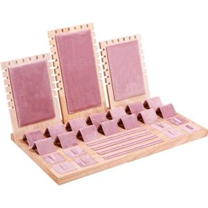 Wooden Jewelry Display Stand Set Pendant Necklace Display Holder Ring Earrings Bracelet Tabletop Storage Organizer Stand Set Combination for Show (Pink)
