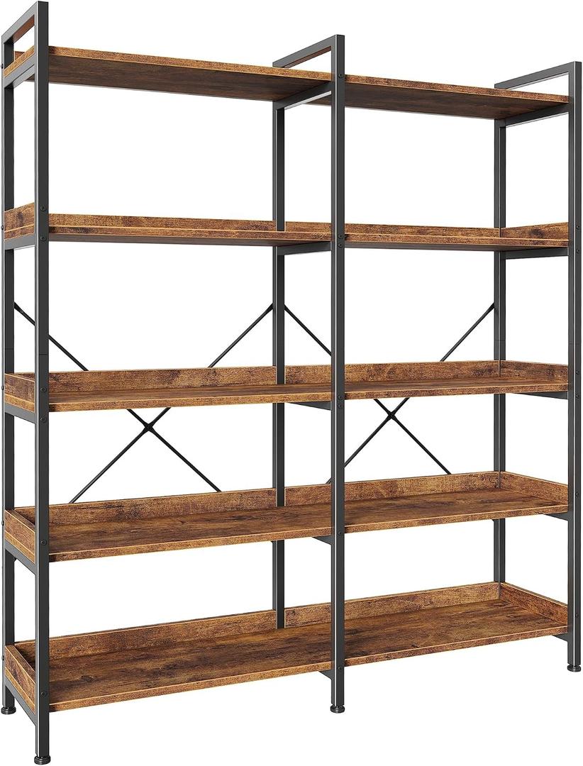 Huuger 5 Tier Bookshelf, Display Bookshelf with 10 Open Shelves and Raised Baffle, 47.2 Inch Straight Wide Bookcase with Metal Frame and Wooden Board, Adjustable Feet, Rustic Brown, 9.45"D x 47.24"W x 56.3"H