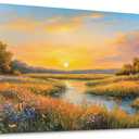 SLYCAY Large Wall Art for Living Room, Nature Golden Sunset Landscape Painting, River Meadow Wildflower Canvas Prints, Marshland Scenery Farmhouse Decor Bedroom Dining Room Kitchen 24"X48"