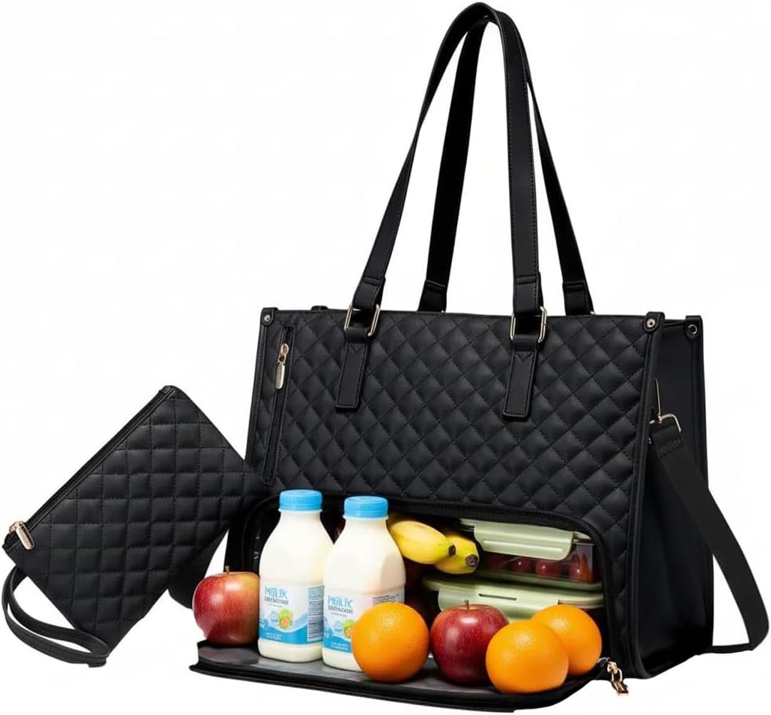Lunch Tote Bag for Women 17.3 Inch Laptop Bag with Insulated Lunch Compartment Leather, Quilted Computer Tote, Quilted Work Bag for Office, Teacher, Commuter (Black)