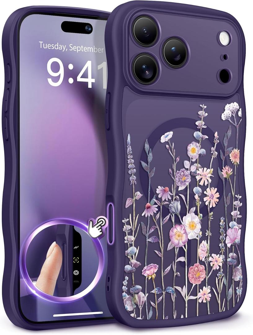 GVIEWIN for iPhone 17 Pro Max Case Compatible with MagSafe [Curly Wave Edge][Full Camera Protection] Floral Translucent Shockproof Magnetic Women Phone Case for 17 Pro Max, Floratopia/Deep Purple
