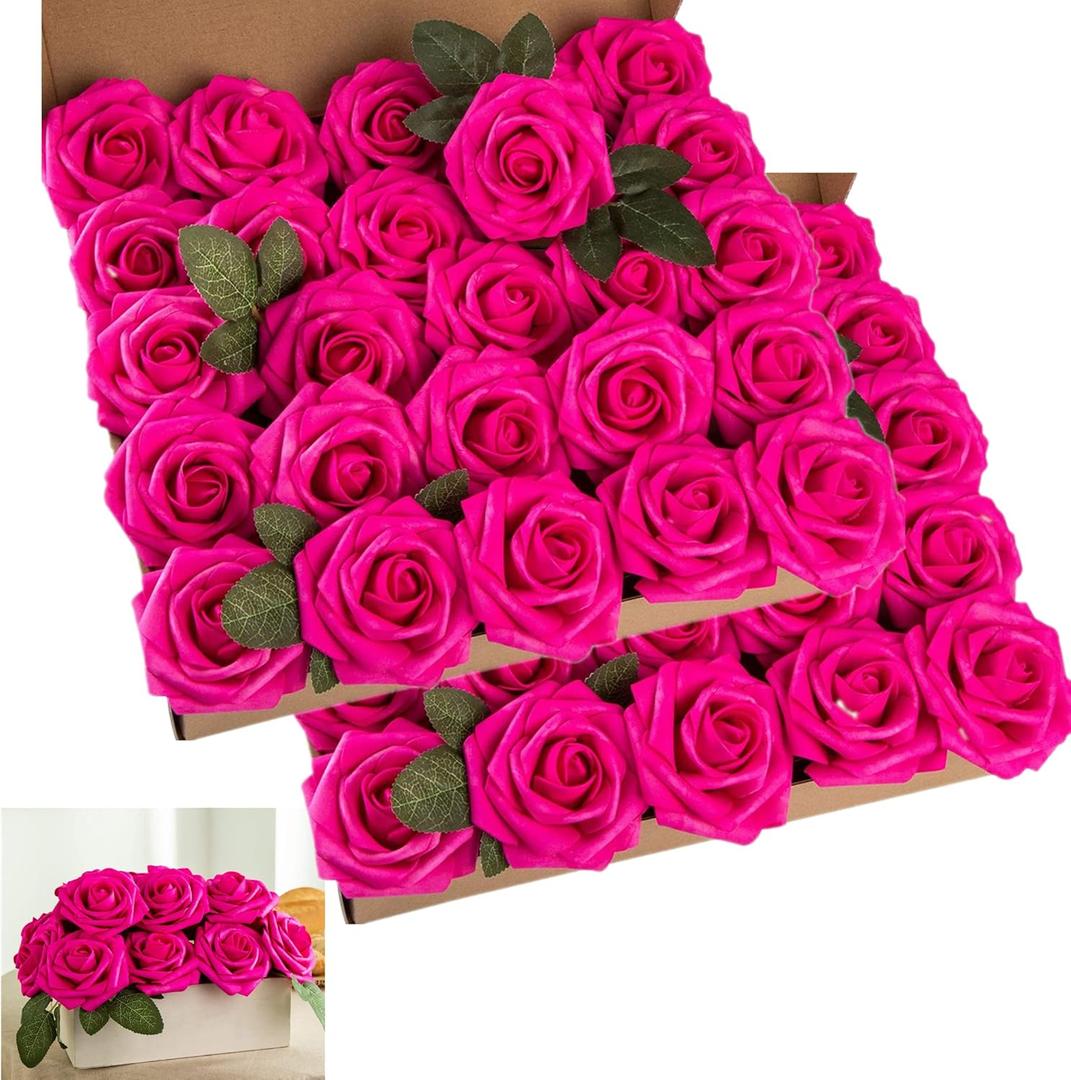 Artificial Flower Foam Hot Pink Rose 50pcs Real Looking Fake Rose with Stems Leaves for Home Decoration Party Garden Centerpieces DIY Wedding BouquetsHot Pink