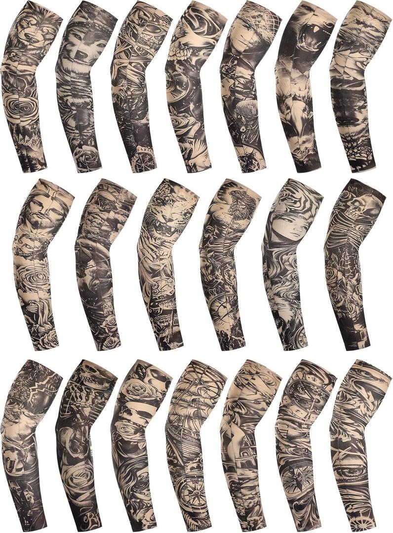 Boao 20 Pcs Men's Cooling Arm Sleeves Long Fingerless Arm Cover Anti Slip UV Protection Sun Temporary Tattoo Sleeves (XS)