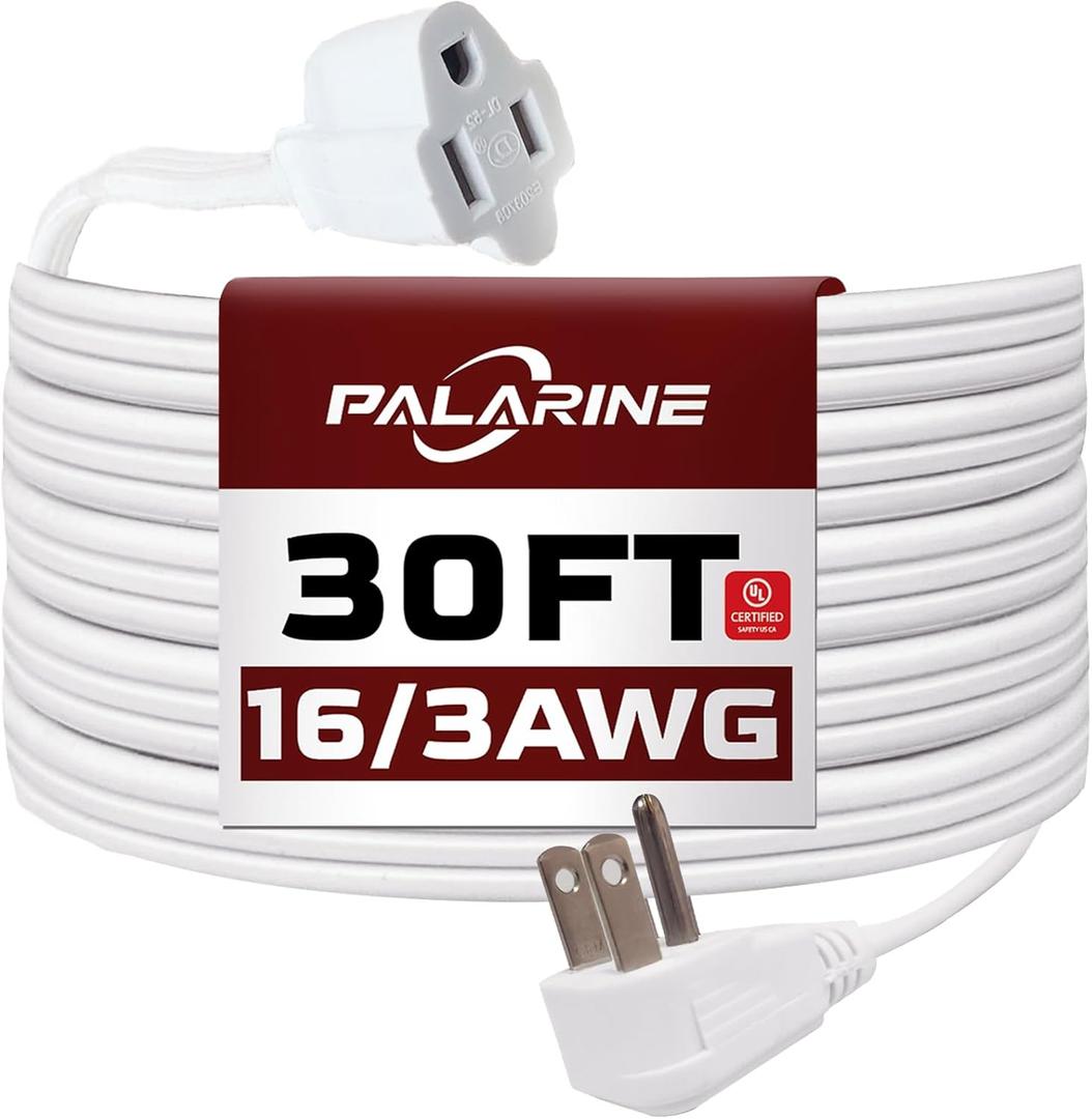 White Flat Plug Extension Cord 30 ft, 16/3 SPT-3 Indoor Extension Cord 13A 3 Prong Power Cord for Kitchens, Behind Furniture, Office, UL Listed