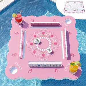 Large Floating Mahjong Table for Pool, Double Sided Waterproof Floating Pool Tray for Mahjong, Poker, Cards, Dominoes Scrabble, Water Game Table with Cup Holders for Hot Tub, Beach, Backyard Parties, 32 inches