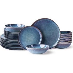 AmorArc Ceramic Dinnerware Sets for 8, 24Pcs Plates and Bowls Sets Dishes, Ceylon Blue