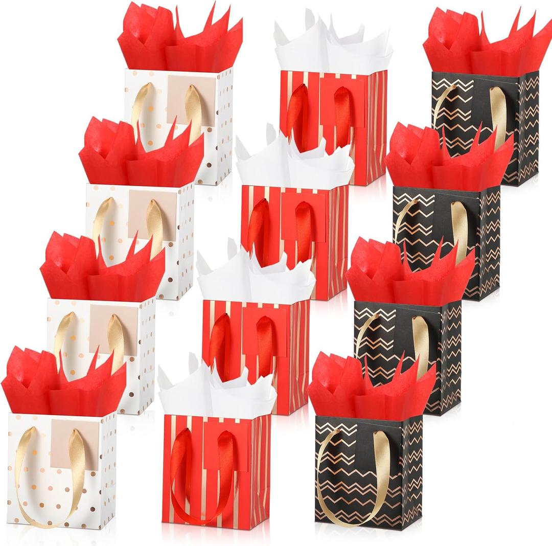 Tenare 12 Pcs Small Gift Bags Mini Metallic Paper Bag Bulk Tiny with Handle Tissue Paper for Gift Wrap Mother's Father's Day Birthday Graduation Party(4 x 2.75 x 4.5 Inch,Red Black White)
