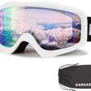 Karsaer Ski Goggles Anti-Fog Snow Goggles OTG 100% UV Protection Snowboard Goggles Bendable Dual-Lenses for Men Women Youth (Matte White Frame Pink Lens Vlt 60%)