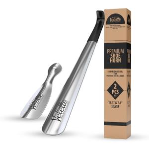 Velette 2 Pack Metal Shoe Horn Long Handle for Seniors - 16.5" Extra Long Shoe Horn for Seniors, 7.5" Travel Shoes Horns for Men, Women, and Kids - Shoehorn Long-Handle, Shoes Spoon, Gifts for Elders