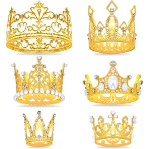 JOERSH 6PCS Crown Cake Toppers, Mini Gold Crown for Flower Bouquet of Valentine's Day, Crystal Pearl Vintage Tiara Queen Princess Theme Cake Decoration for Birthday Wedding Party Decor