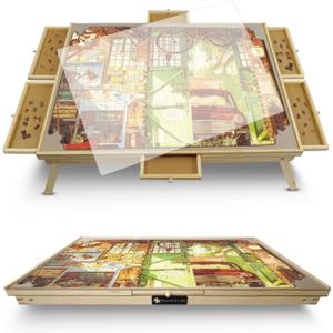 1500 Piece Board with Drawers  Tilting & Rotating Table with Cover  Wooden Jigsaw Station for Adults  Portable Puzzle Organizer