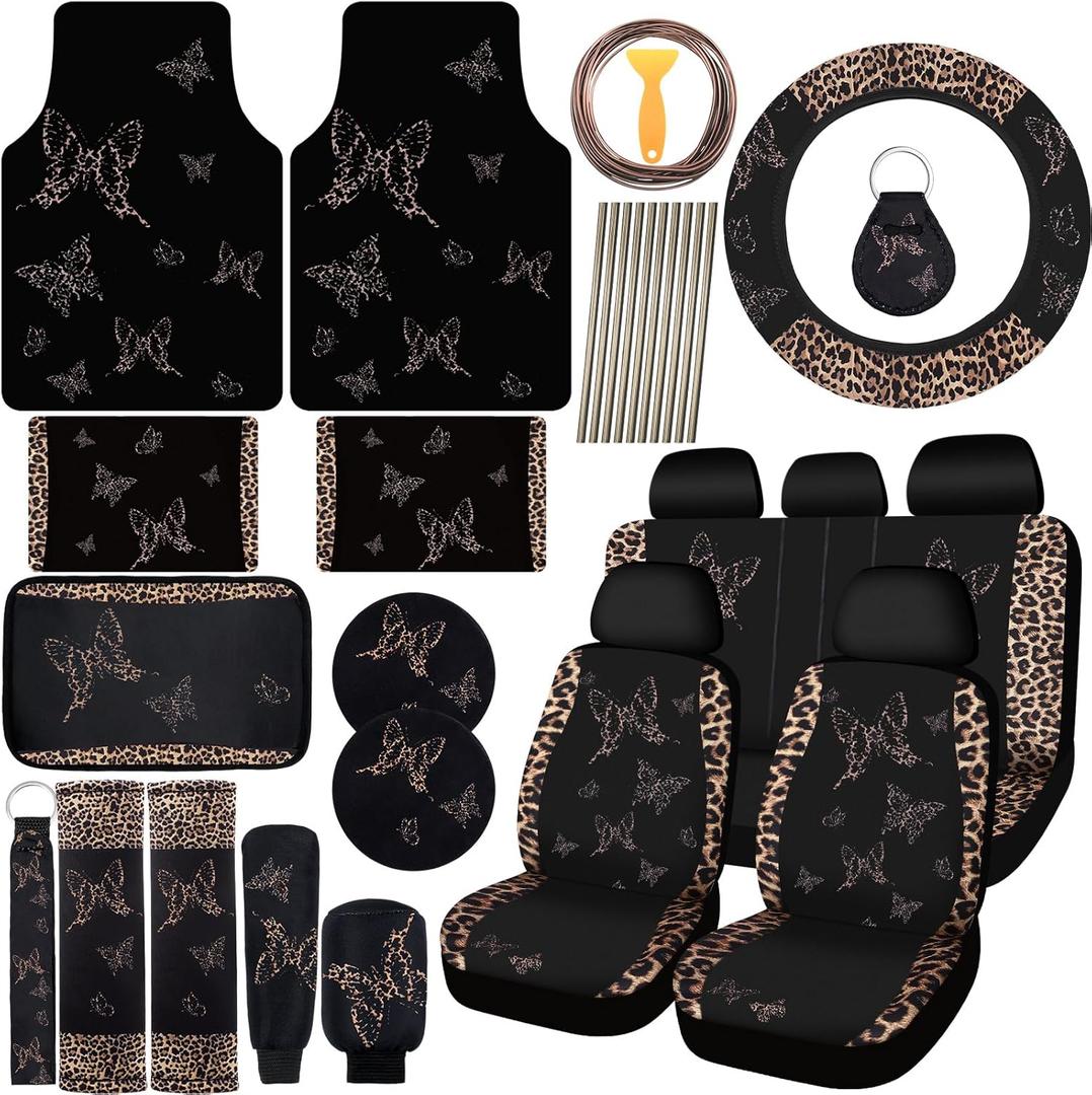 BBTO 47 Pcs Butterfly Car Seat Full Set Butterfly Car Accessories for Women 5 Front Rear Seat Covers Wrist Strap 2 Pieces Cup Mat Armrest Pad 2 Belt Cover Accessories for SUV (Leopard Print)