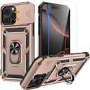 Goton Compatible for iPhone 16 Pro Case with Screen Protector - Slide Camera Cover Protective Phone Case with Ring Stand, Heavy Duty Shockproof Rugged Bumper for iPhone 16 Pro Accessories Rose Gold