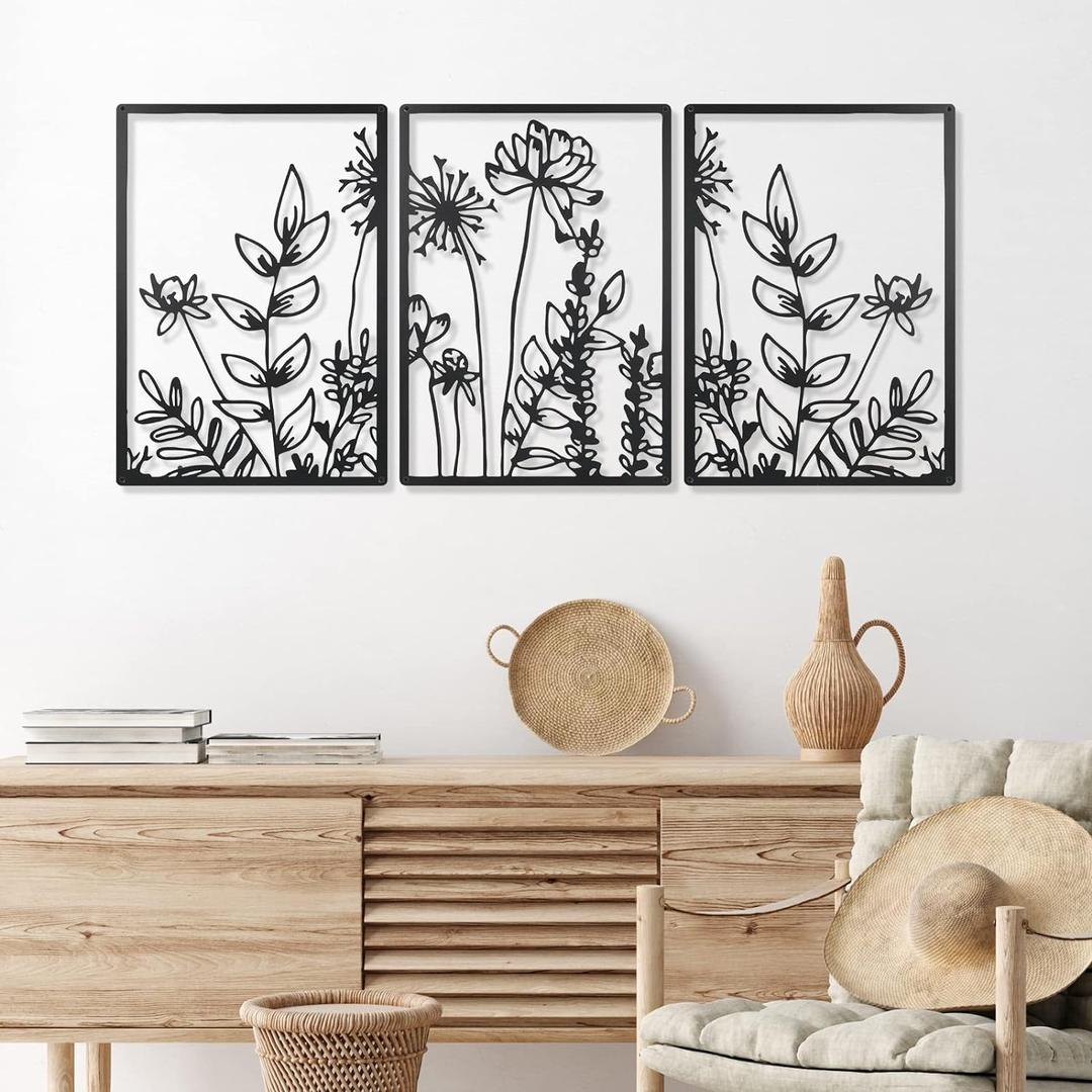 Therwen 3 Pcs Black Metal Wall Art Minimalist Wall Decor for Bedroom Flowers Decor Hanging Flower Bathroom Art Flower Line Sculpture Kitchen Decoration 16.5 x 9.8 Inch(Cute Style)