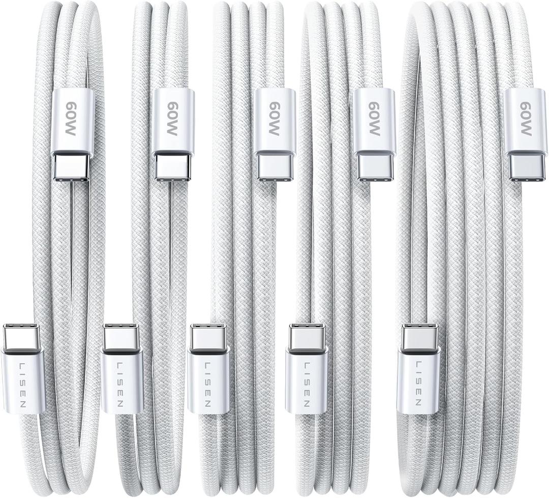 LISEN USB C Cable, 5-Pack [3.3/3.3/6.6/6.6/10FT] USBC to USBC Cable for iPhone 16e 15 Pro Max Charger Cord, 60W (3.1A) C to C Cable Fast Charging for Samsung S25/S24/23, Switch 2, iPad, MacBook,White