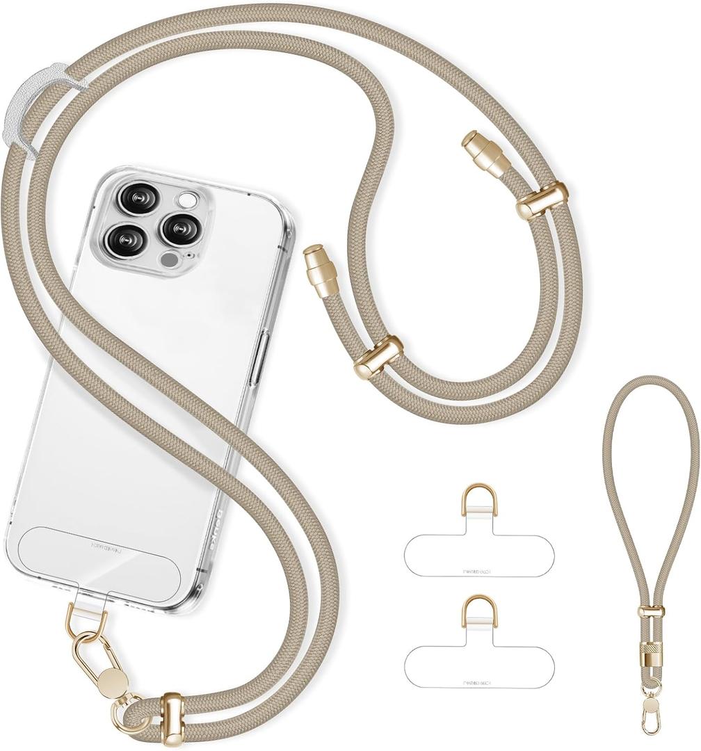 Cell Phone Lanyard Adjustable Crossbody Phone Lanyard *1 Phone Wrist Strap *1 with Deluxe Gold Matal Buckle + Clear Tether Tabs *2 for Shopping Travelling Hiking Khaki