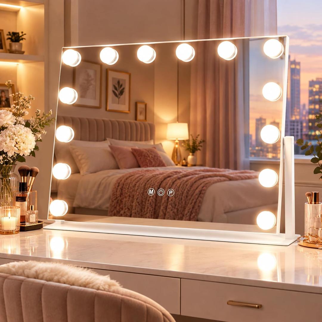 Vanity Mirror with Lights, 22" x 17", 360° Rotation Base, White