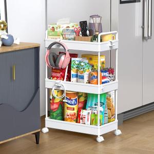 SOLEJAZZ 3 Tier Rolling Storage Cart with Wheels Slim Craft Nail Makeup Snack Art Baby Utility Cart Organizer on 2 Lockable Wheels for Bathroom Laundry Room Kitchen Bedside Narrow Spaces, White