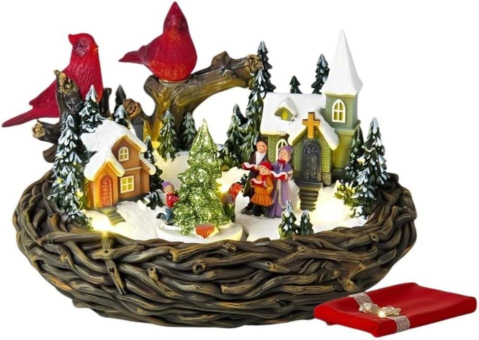 Lightahead Musical Christmas Cardinal Nest Village Carol Singing Scene Figurine with Turning Tree, Light and 8 Melodies