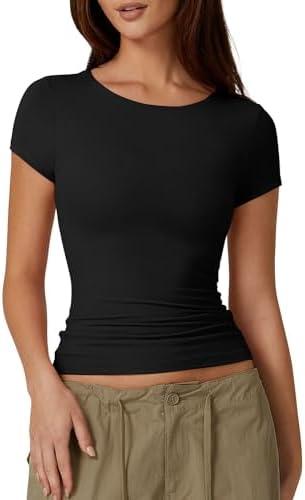 QINSEN Women's Crew Neck Short Sleeve Tees Double Lined Slim Fit T Shirt Basic Y2K Tops S