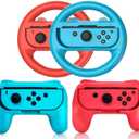 2 PCS Grips for Joy Con and 2 PCS Steering Wheel Compatible for Nintendo Switch Wheel, Family Sports Party Pack Accessories Compatible with Switch / Switch OLED JoyCon Controllers, (Blue and Red)