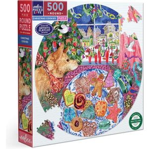 eeBoo Piece & Love: Christmas Cookies - 500 Piece Puzzle - 23" Round Jigsaw, Holiday-Themed Dog & Dessert Scene, Eco-Friendly, Playlist, Adult & Kids
