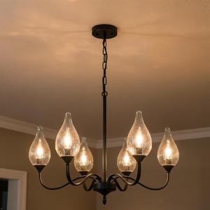 6-Light Farmhouse Black Chandelier 23.6 Inch - Rustic Industrial Iron Candle Hanging with Clear Glass Shades - Dining Room Lighting Fixture for Hallway, Living Room, Foyer, Bedroom,Kitchen Island