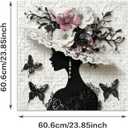 Jigsaw Puzzles for Adults 1000 Pieces - Challenging Fun Puzzles Elegant Lady Silhouette with Floral & Lace Decor, Beauty Flower Woman with Black & White Pearl, Beauty Shadow