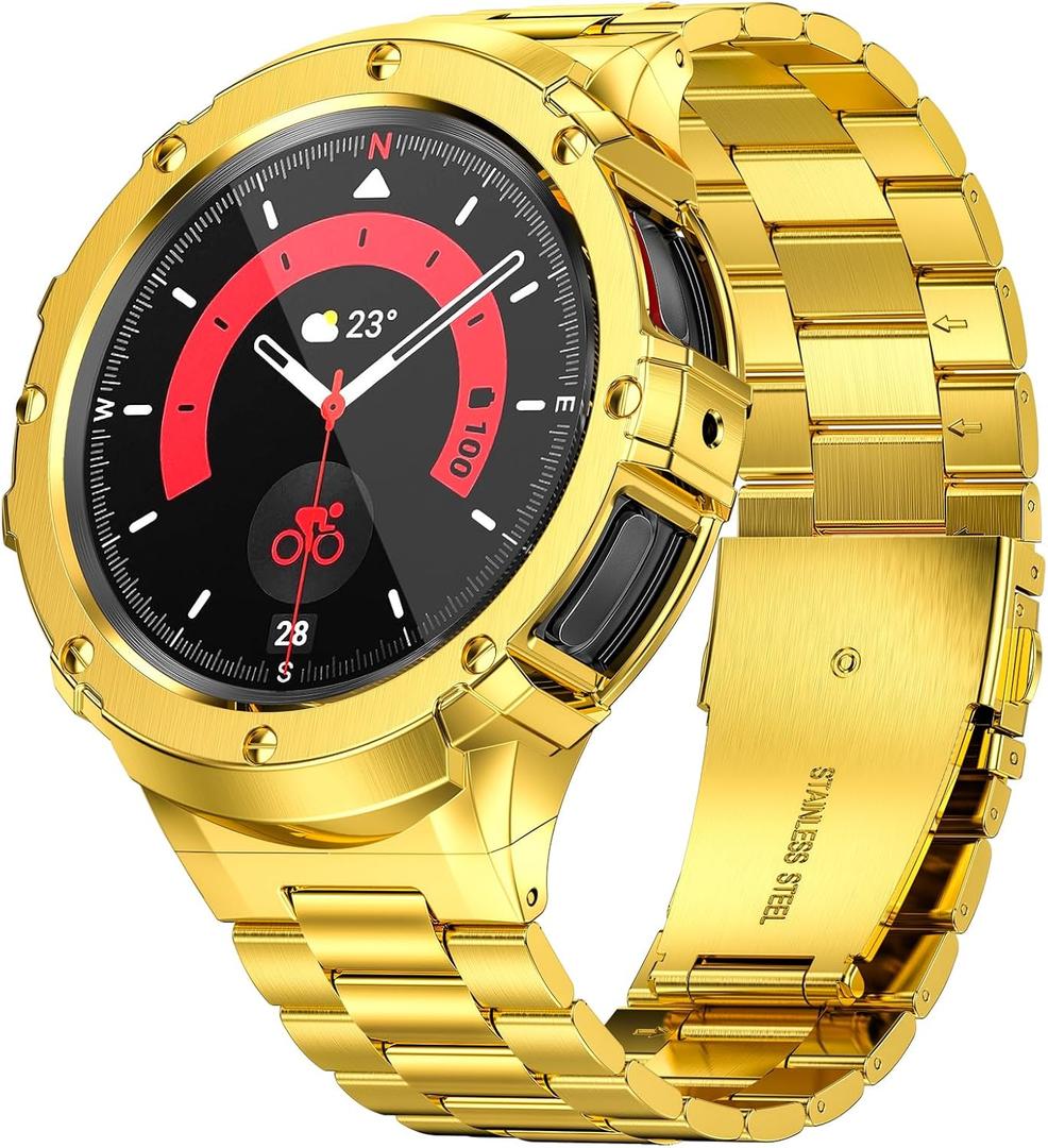 SUPLINK Stainless Steel Case and Bands Compatible Samsung Watch 5 Pro Band 45mm (2022), Adjustable Solid Metal Protector Rugged Cover Strap for Samsung Galaxy Watch 5 pro Men Business Gold (45mm(Galaxy Watch 5 Pro))