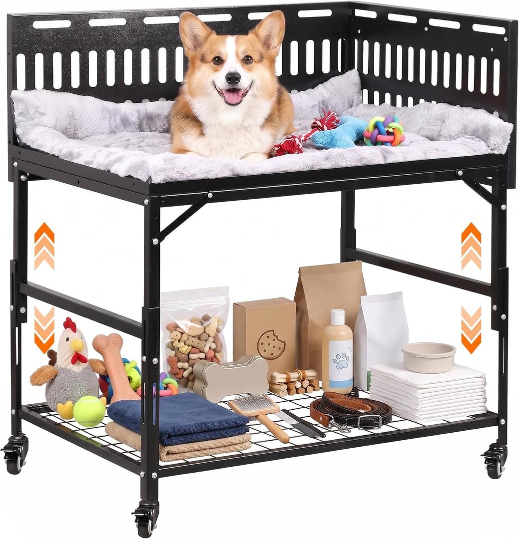 Bedside Dog Bed for Large Dogs, 35.4"x24.6" Dual Height Adjustable Pet Bed, Sturdy Metal Frame with 2-Side Guardrail, Bottom Storage Shelf & Washable Plush Mat