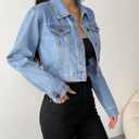 Women's Button Down Long Sleeve Cropped Denim Jean Jacket with Pockets (Blue, XXL)