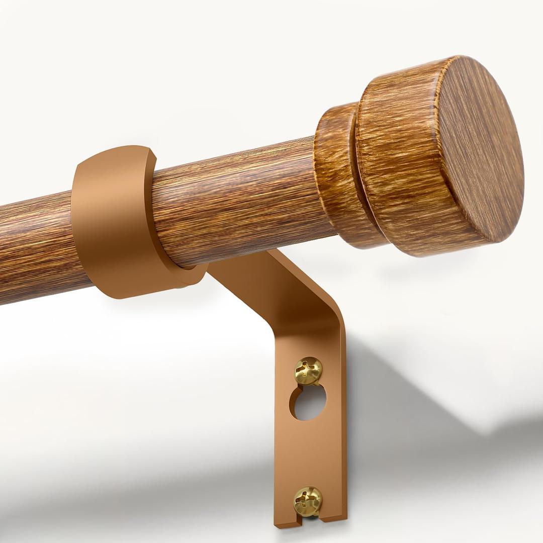 Wood Curtain Rods for Windows 48 to 84 Inches 1" Diameter Boho Decorative Heavy Duty Long Window Curtain Rod Adjustable with Handmade Wood Grain Design for Living Room Bedroom Kitchen