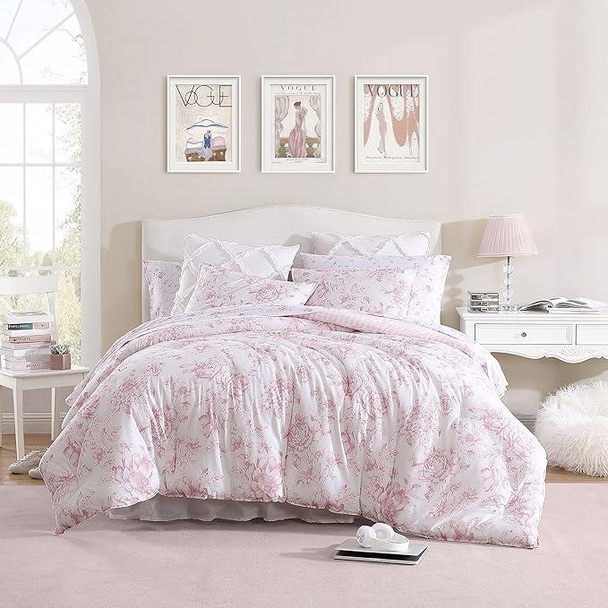Laura Ashley - Twin XL Comforter Set, Reversible Cotton Bedding with Matching Sham, Medium Weight for Year Round Use, Oeko-Tex Certified, Dorm Essentials (Delphine Mauve Pink) 1 comforter and 1 standard pillow sham
