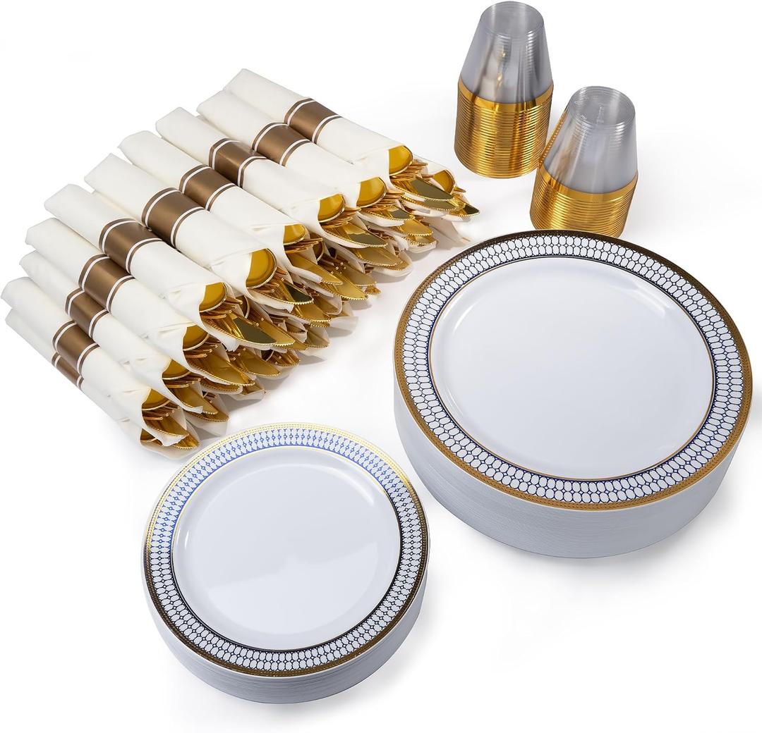 MONEST 350Pcs Blue and Gold Plastic Silverware Set for 50 Guests, Disposable Dinnerware Set includes: 50 Pre Rolled Napkins with Utensils, 50 Dinner Plates, 50 Dessert Plates, 50 Cups (Royal Sapphire)