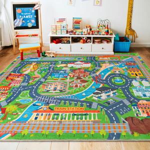 Car Rug Play Mat for Kids Toy Cars, Road Traffic Playmat for Kid Bedroom, Non-Slip Machine Washable Town City Race Track Carpet for Learn and Have Fun Classroom Rugs 4'x5'/ 48" x60
