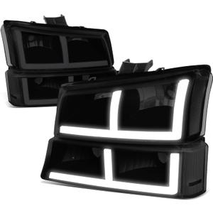 Dynasty LED DRL Headlights Assembly - Compatible with 2003-2007 Chevy Avalanche Silverado 1500 2500 3500, 4Pcs Headlamps with LED Signal, Switchback DRL, Black Housing Smoked Lens Clear Corner