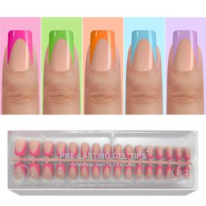 Jsiallye Deep French Tip Press on Nails,5 Colors French Press On Nails Short Square,No Need to File 4 in 1 Gel Nail Tips Pre-lasting,Soak off False Nail Tips for Women Nail DIY