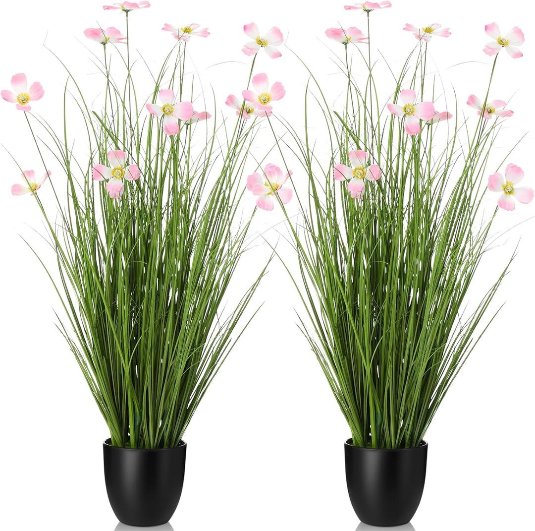 Jexine 2 Pack 3ft/35inch Artificial Outdoor Grass Plant Tall Faux Greenery Grass in Pot with Fake Pink Cosmos for Housewarming Wedding Gifts Spring Home Office Indoor Outdoor Decor