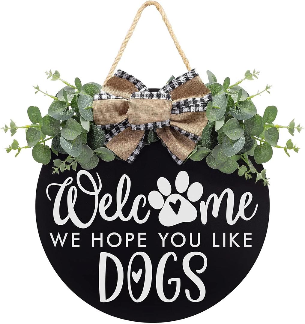 Welcome We Hope You Like Dogs Farmhouse Door Sign for Front Door Porch Decor with Eucalyptus Leaves & Buffalo Bow - Welcome Wreath Sign Hanging for Dogs Lovers Spring Summer Decor Housewarming Gift (Black)